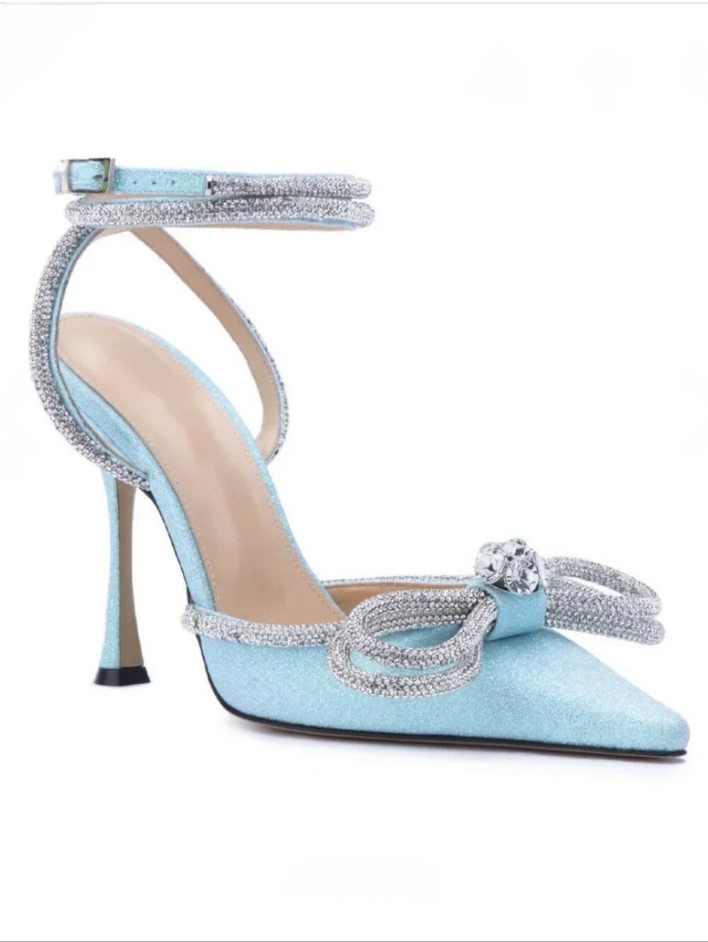 MACH & MACH Glitter Double Crystal Bow Pointed Toe Pump in Baby Blue, Size 40